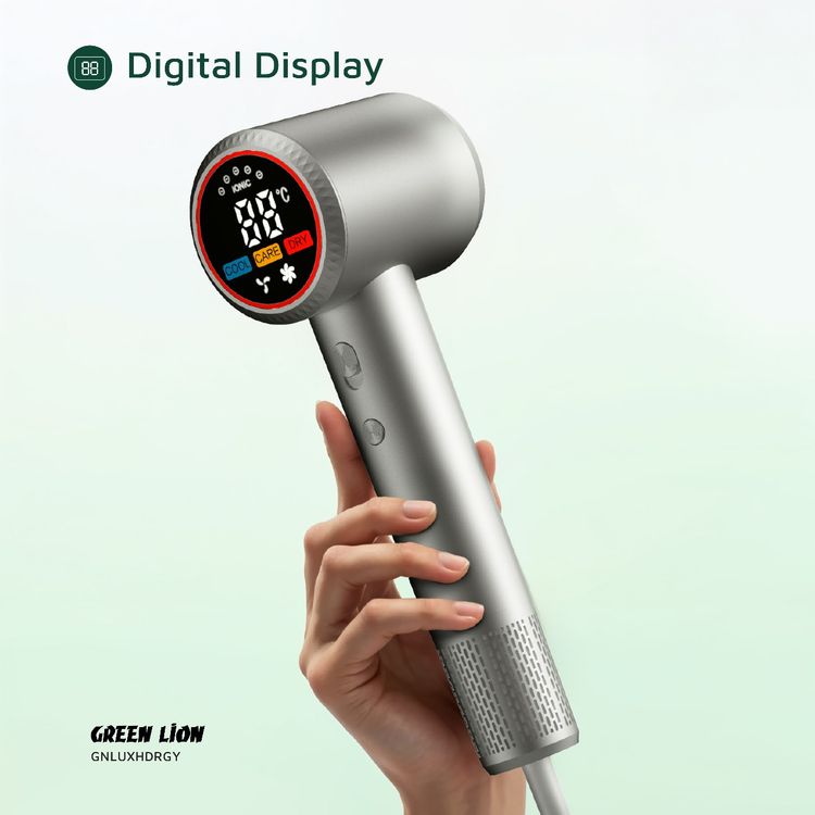 Green Lion LUXAIR Hair Dryer with 1600W Rated Power, 3 Heat Settings, Magnetic Nozzle, Digital Display, Thermostat Control, 2 Wind Speeds - Gray 