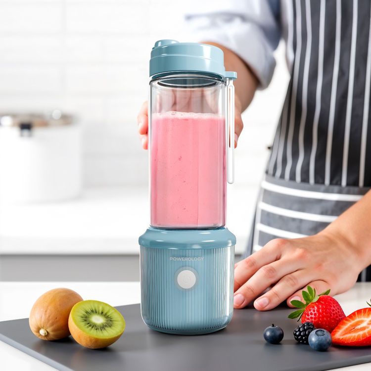 Powerology Press & Refresh Portable Blender with 450mL Capacity, 126W Motor Power, Sharp Steel Blades, Leakproof, BPA-Free Material, 16500RPM Motor Speed - Light Blue