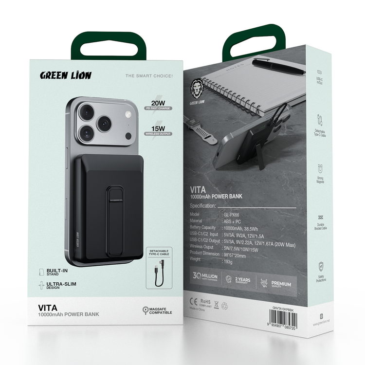 Green Lion Vita  10000mAh Power Bank with Safety Protections, Durable Braided Cable, Detachable Type-C Cable, Strong Magnets, Built-in Stand, MagSafe Compatibility, Ultra-Slim Design - Black