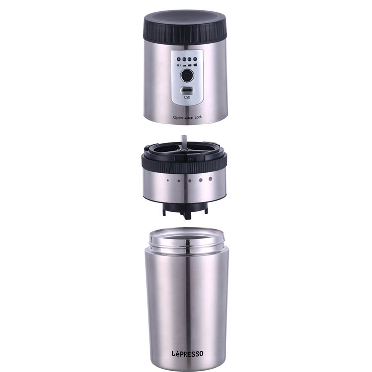 LePresso Portable Burr Mini Grinder and Coffee Maker with Type-C Charging Port, Adjustable Grind Size, Drip Filter, Travel Mug, 250mL Mug Capacity, 18g Coffee Bean Capacity, 1600mAh Battery - Silver
