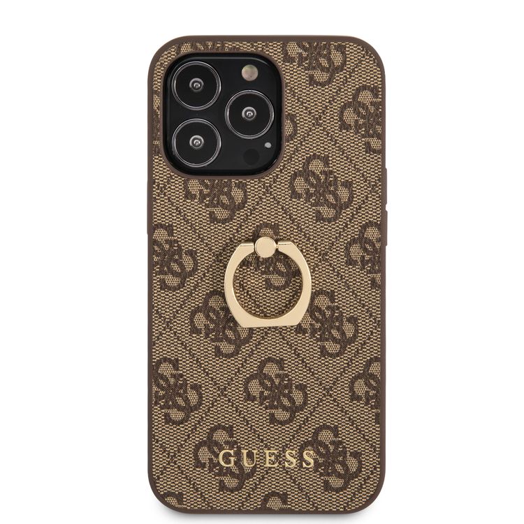 CG MOBILE Guess PU Leather 4G Case with 360° Rotating Ring Grip Holder Stand Compatible for iPhone 13 Pro (6.1") Suitable with Wireless Charging Officially Licensed - Brown
