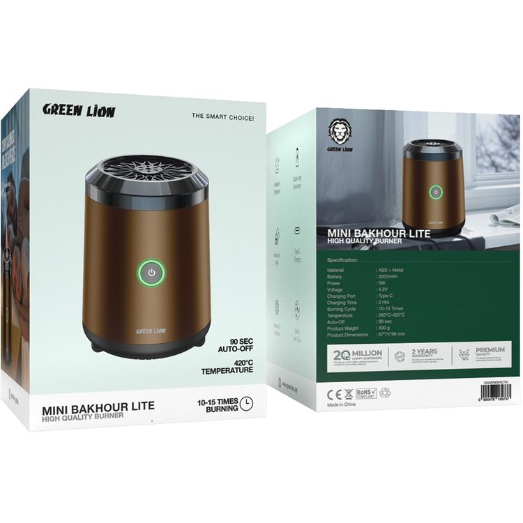 Green Lion Mini Bakhour 2 with Off Protection Mechanism, High-Quality Incense Burner, 2000mAh Battery Capacity, 10-15 Times of Operation, Compact & Portable Design, Type-C Charging Port - Khaki