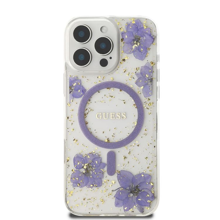 Guess MagSafe Hard Case with Resin Flowers Design for iPhone 16 Pro Max, Drop protection, Comfortable Grip - Purple