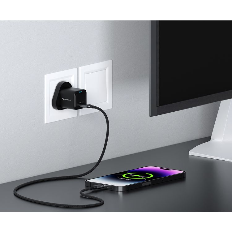Powerology Ultra-Compact GaN Charger with USB-C to Lightning Braided Cable, 20W Power Delivery, Lightweight & Compact Design - Black