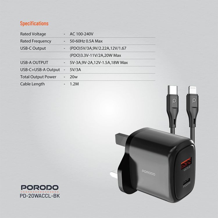 Porodo Dual Output Quick Charger with Type-C to Lightning Cable, 20W Power Delivery, QC 18W, UK 3-Pin Plug, Simultaneous Charging, Universal Compatibility - Black