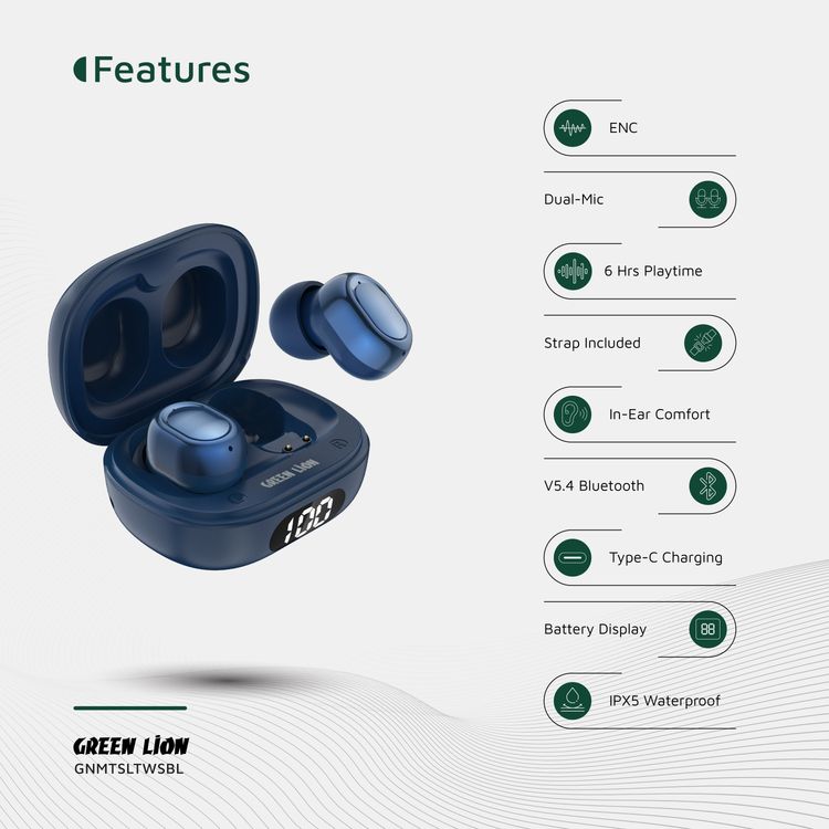 Green Lion Mittersill True Wireless Earbuds with ENC, Up to 6 Hours Playtime, IPX5 Waterproof Resistance Level, Bluetooth Version 5.4, Up to 10m Transmission Range, Type-C Charging Port, Dual-Microphone, Strap Included - Blue