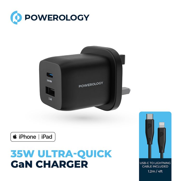 Powerology Ultra-Quick 35W GaN Charger with Type-C to Lightning Cable, 1.2m Cable Length, 35W USB-C Output, Built-in Safeguards, 0%-60% Charge in 35 Minutes - Black