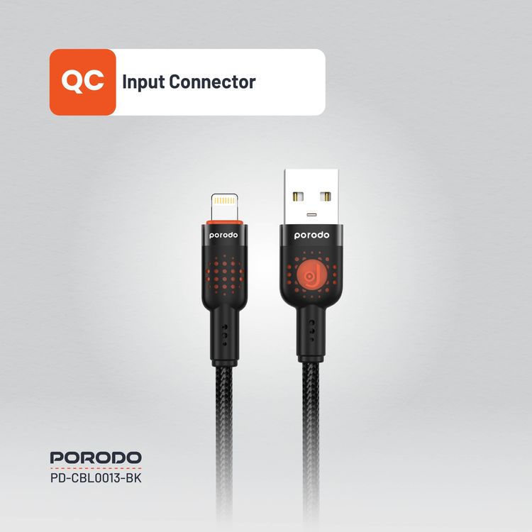 Porodo Aluminum Alloy Braided Cable USB-A to Lightning 1.2, 480Mbps Transfer Speed, 2.4A, more than 15000 Bends Life Span, Tangle Free - Black