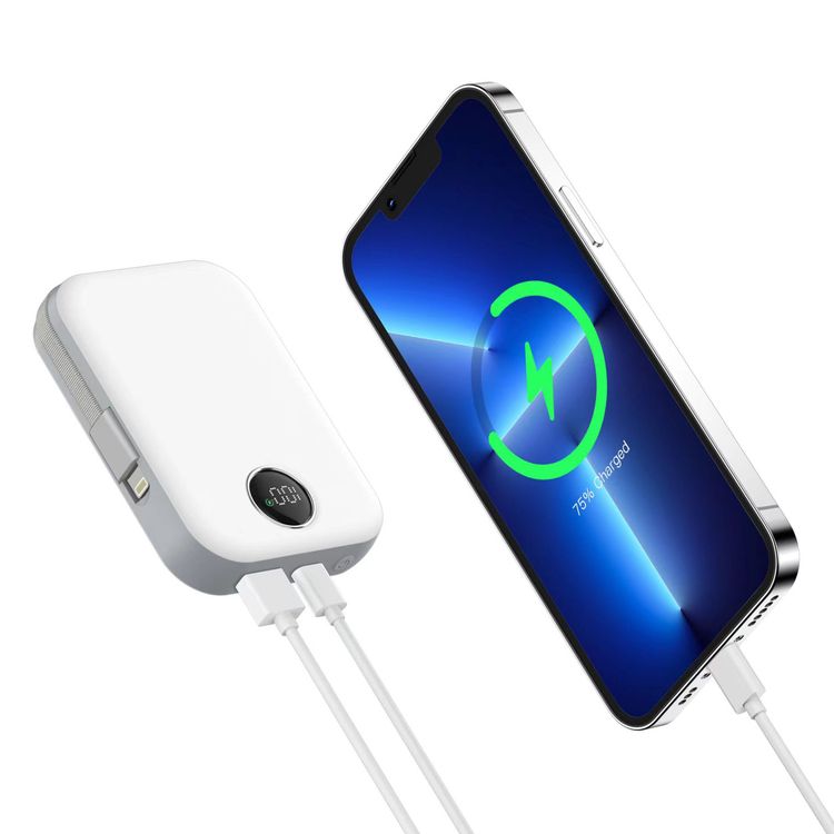 Green Lion Monaco MagSafe 10000mAh Power Bank with Built-in Lightning Cable, Wireless Charging Compatibility, 22.5W PD & QC Output, 15W Wireless Output, LCD Display - White