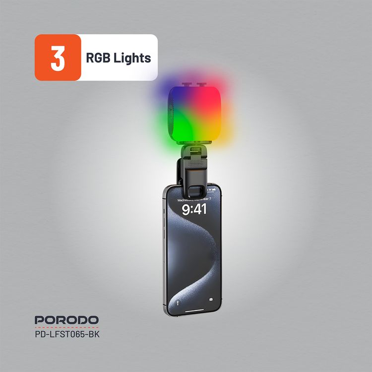 Porodo Lifestyle Clip-On Fill Light with 3 Color Temperatures, 1000mAh Battery Capacity, Up to 24 Hours Working Time, 3 RGB Lights, Wide Compatibility, 4W Power - Black