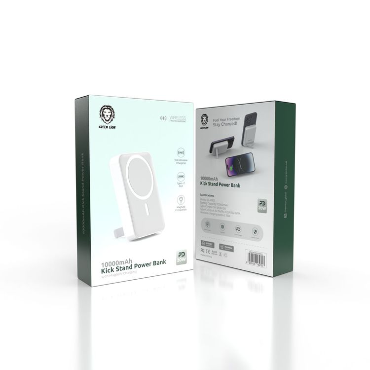 Green Lion 10000mAh Kick Stand Power Bank With MagSafe Charging, Type-C Port, Explosion-Proof, Portable, PD 20W- White