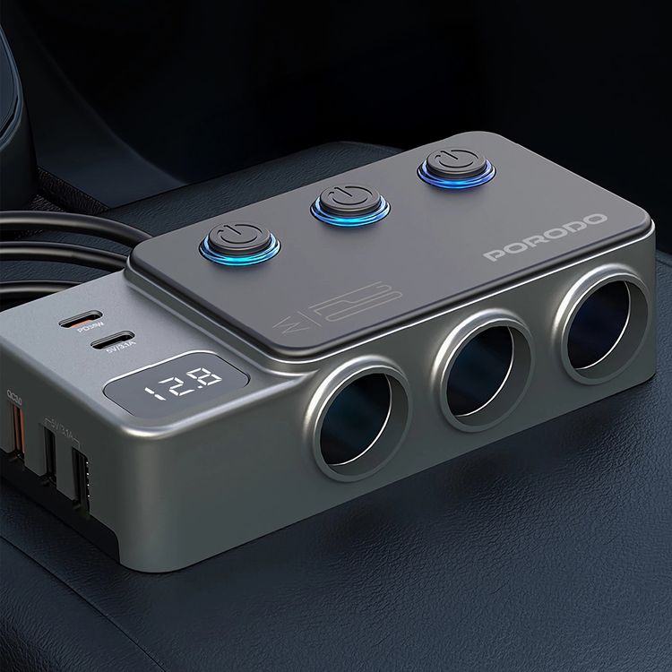 Porodo 120W Car Charger Hub with Triple-Port Lighter Sockets, 3 USB-A & 2 USB-C Ports, 35W PD, 65W QC, 95cm Cable, Real-Time Voltage Display, Independent Power Switch - Dark Gray