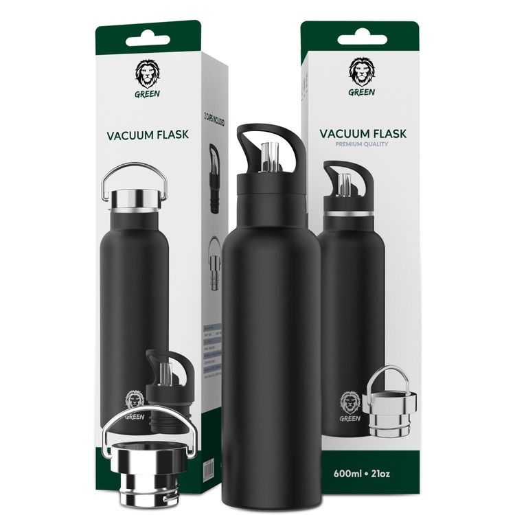 Green Lion Vacuum Flask Stainless Steel Water Bottle 600ml - Black