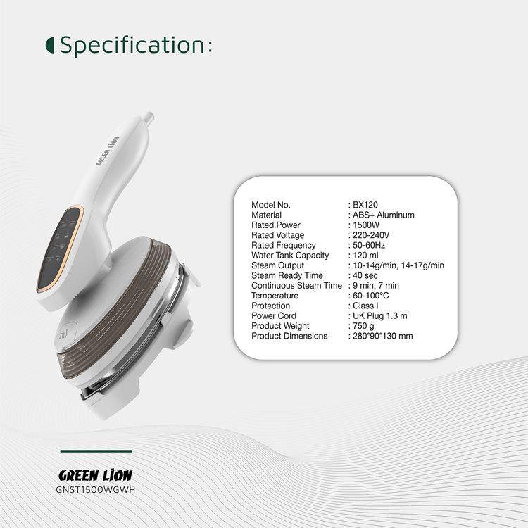 Green Lion Steam Glide Garment Steamer with Touchscreen Display, Dry Ironing & Steam Functions, 1500W Rated Power, 120mL Water Tank Capacity, 90° Rotatable Handle - White