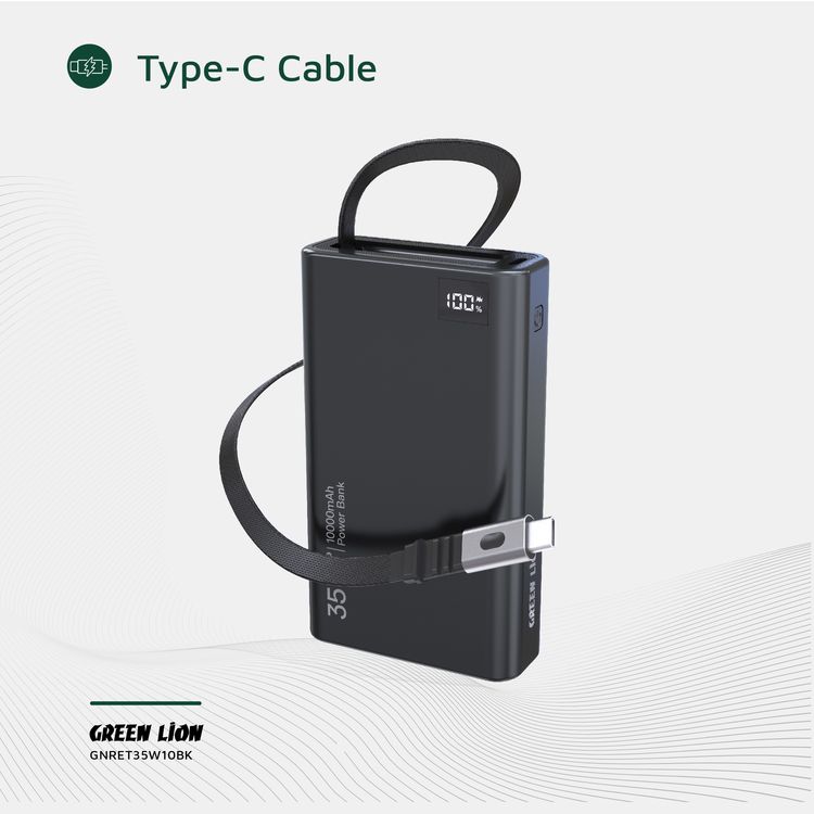 باور بانك جرين لايون 10000mAh قابل للسحب بقدرة 35W، مع شاشة LED، طول الكابل 75 سم، منفذ Type-C، دعم الشحن السريع - أسود