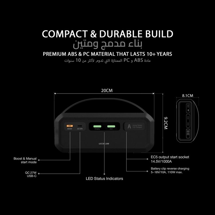 Green Lion Super Capacitor 12V Jump Starter with Up to 10 Years Lifespan, Up to 3 Minutes Charging Time, ABS & PC Shell Material, 1000A Max Peak Current, Car Battery Clip & USB-C Charging Input, Up to 4.0L Diesel Engines, Up to 7.0L Gasoline Engines, LED Status Indicators - Black
