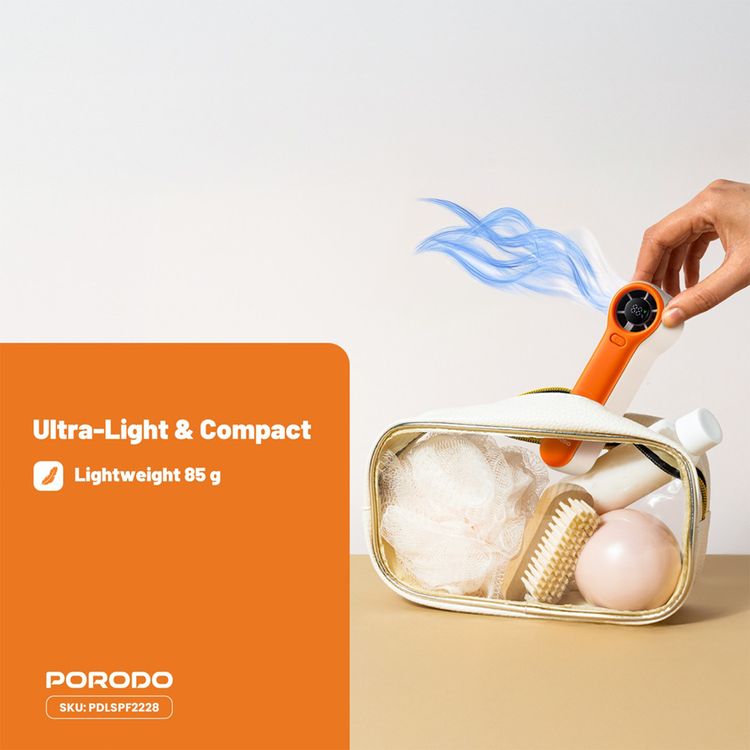 Porodo Lifestyle Pocket Size Handheld Fan with 19100RPM Motor Speed, 5 Speed Levels, 5W Rated Power, Up to 8.8m/s Air Thrust Speed, 2000mAh Battery Capacity, Up to 7 Hours Working Time, Type-C Charging Port, Strong Airflow, Lightweight & Portable - Beige / Orange