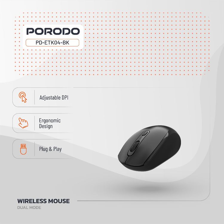 Porodo Dual Mode Wireless Mouse with Adjustable DPI Up to 1600, 7m to 10m Effective Range, 300mAh Battery Capacity, Bluetooth V5.4, Ergonomic Design, Plug & Play - Black