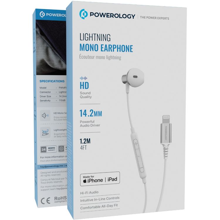 Powerology Lightning Mono Earphone with 5mW Max Power, 1.2m Cable Length, 32Ω Impedance, 14.2mm Driver Size, 110dB Sensitivity, Control Button, HD Sound Clarity - White