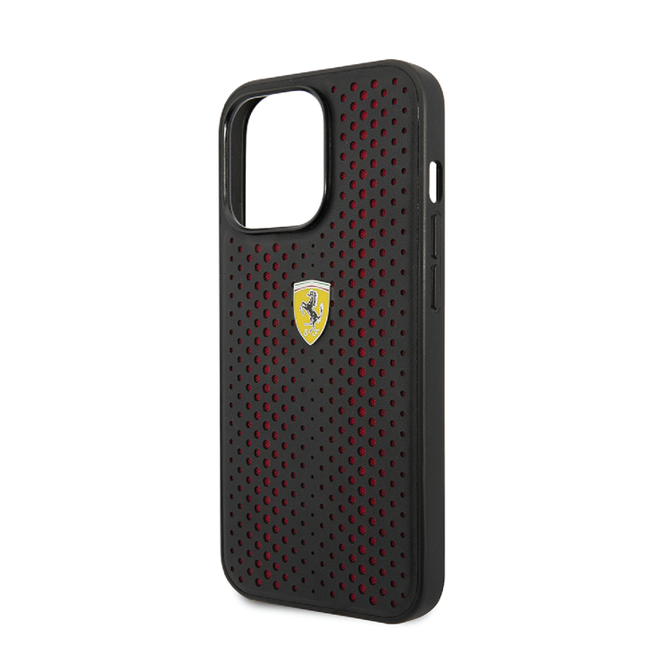 Ferrari PU Leather Perforated Case with Nylon Base & Yellow Shield Logo iPhone 14 Plus Compatibility - Red