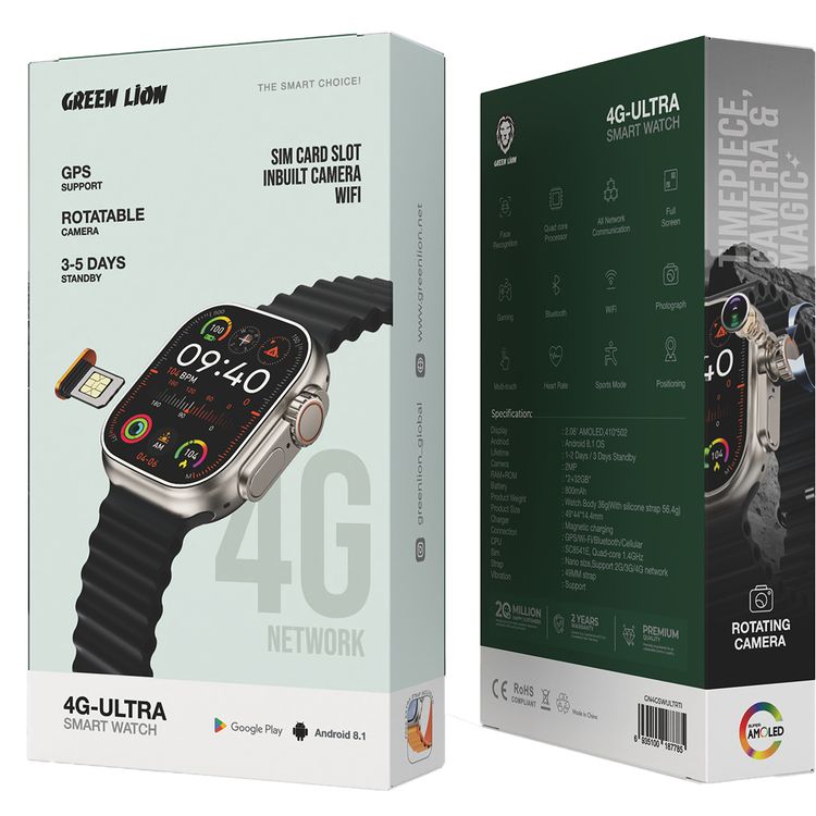 Green Lion 4G Ultra Smart Watch Android with Black Strap, 360° Rotatable Camera, Face Recognition, Android 8.1 OS, GPS Support, Magnetic Charging - Titanium