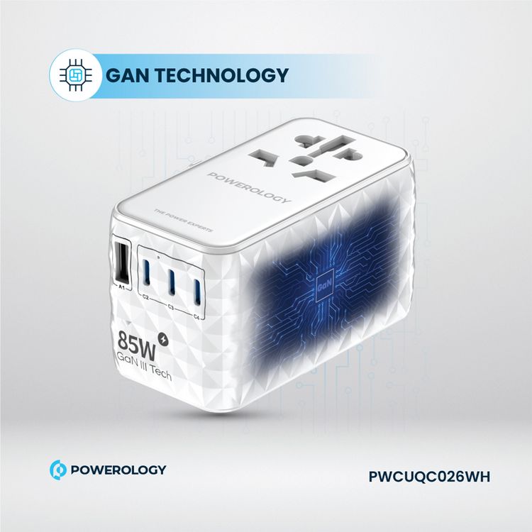 Powerology Universal 85W Super Charger with Retractable Type-C Cable, 70W Power Delivery, GaN Technology, Simultaneous Charging, Spare Fuse Included - White