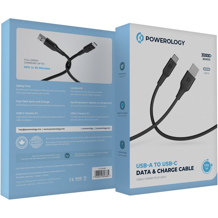 Powerology TPE USB-A to Type-C Charging Cable with Fast Charging & Data Transfer, Universal Compatibility, 3A Charging Current, TPE Material, More than 30000 Bends - Black