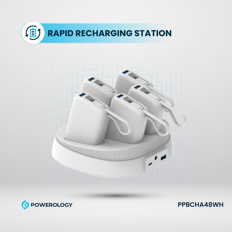 Powerology 5 x 10000mAh Power Bank Station with 50W PD, USB-A, USB-C, Type-C Built-in Cable, 12V/1A Max Contact Input, Rapid Recharging Station, High-Density Batteries, Type-C Built-in Cable, 5V/3A Total Output, Built-in Safeguards - White