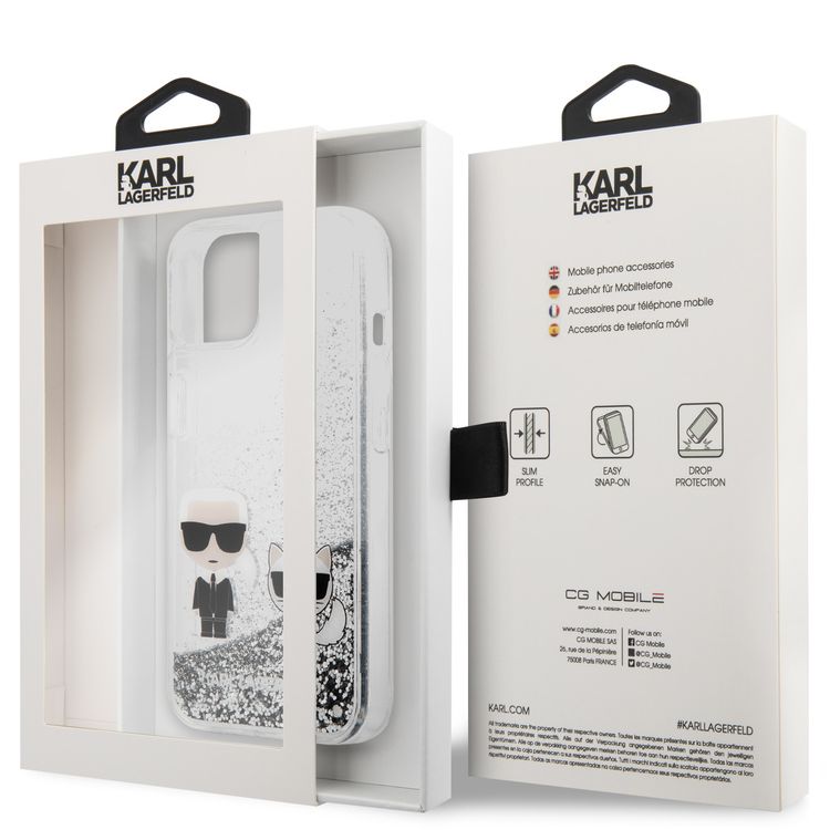 CG MOBILE Karl Lagerfeld Liquid Glitter Case Karl And Choupette Head Compatible for iPhone 13 Mini (5.4") Easy Access to All Ports, Scratch Resistant, Drop Protection Back Cover
