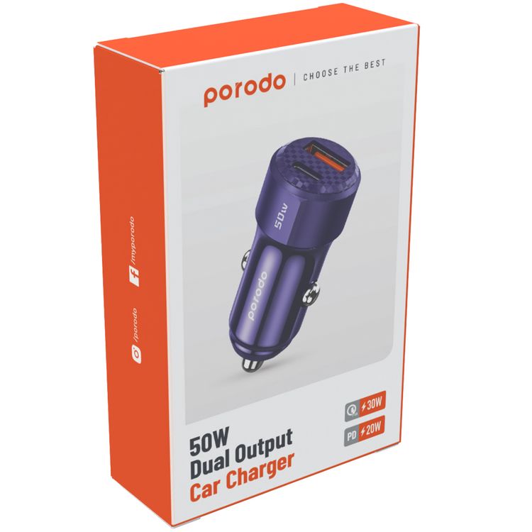 Porodo 50W Dual Port Car Charger, 20W Power Delivery, Simultaneous Fast Charging, 30W Quick Charge, Multi Protection, Carbon Fiber Print, Lightweight & Portable - Purple