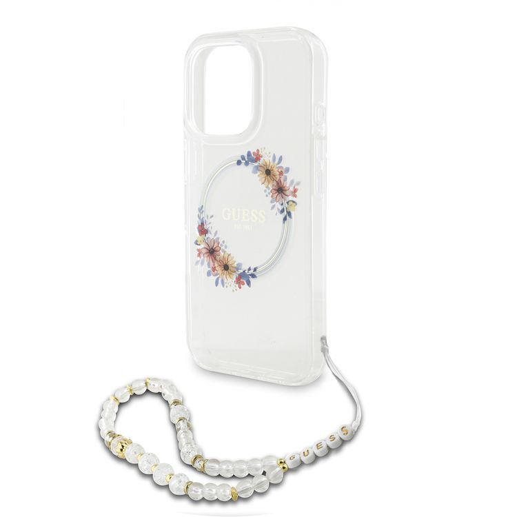 Guess Magsafe IML Hard Case for iPhone 16 Pro Max with Flower Wreath Design & Pearl Strap, Lightweight, Comfortable Grip, Drop Protection - Clear 