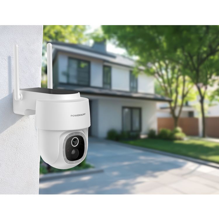 Powerology Built-in Solar Pan & Tilt Outdoor Camera, Lithium Battery, 5200mAh Rechargeable Battery, 1.5 W Solar Panel, 1269 × 2304P Camera Resolution, 10m Infrared Recording Distance - White