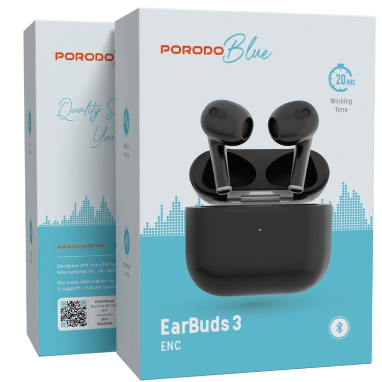 Porodo Blue Deep Bass Wireless Earbuds 3, 20 Hours Working Time, Type-C Charging Port, Environmental Noise Cancellation, Independent Earbuds, Touch Control - Black