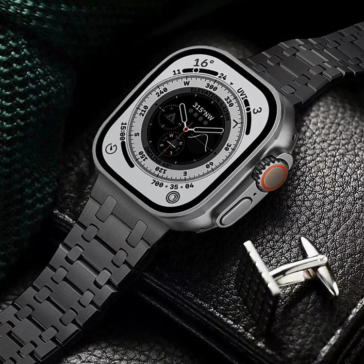 Levelo Royal Link Stainless Steel Watch Strap with Adjustment Tool for Apple Watch 49/45mm, Compatible with SE, Series 8, 7, 6, 5 & 4, Hypoallergenic Material - Black