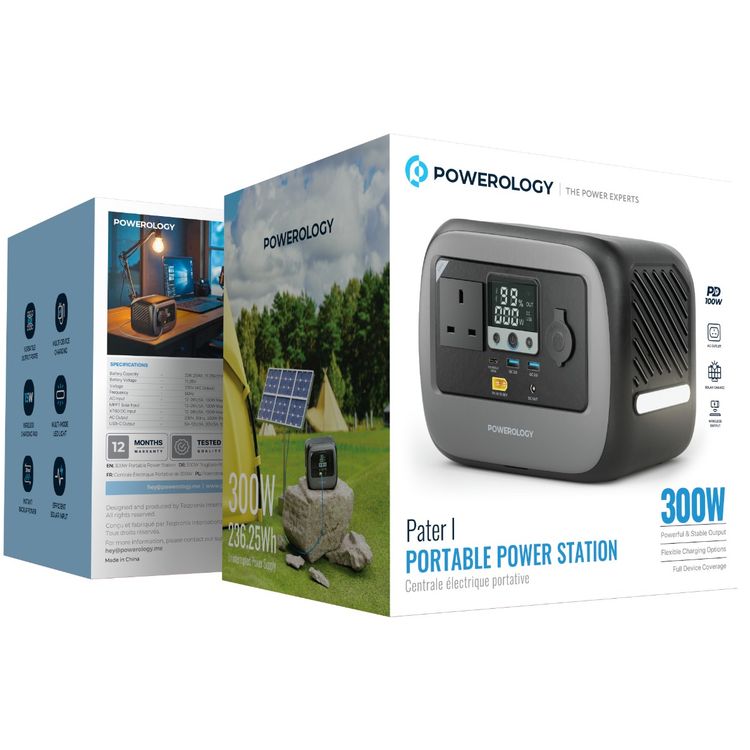 Powerology Pater I Portable Power Station with 300W Rated Power, 600W Peak Power, 236.25Wh Battery Capacity, 230V Voltage, 100W Max Solar Input, 100W Max USB-C Output, 18W Max QC3.0 USB-A/A2 Outputs, 15W Wireless Output, 120W Max Car Port Output, AC Outlet, LED Light, Built-in Safeguards - Gray