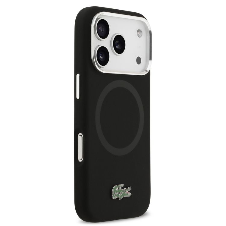 غطاء سيليكون مغناطيسي MagSafe من Lacoste مع شعار معدني لهاتف iPhone 17 Pro Max، حماية من السقوط، تغليف مستدام، تصميم نحيف، سهل التركيب - أسود