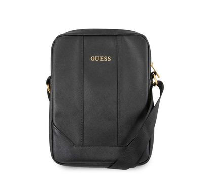 GUESS Saffiano PU 10" Tablet Bag with Adjustable Shoulder Strap, Synthetic Leather Material, Double-Sided Zippers - Black