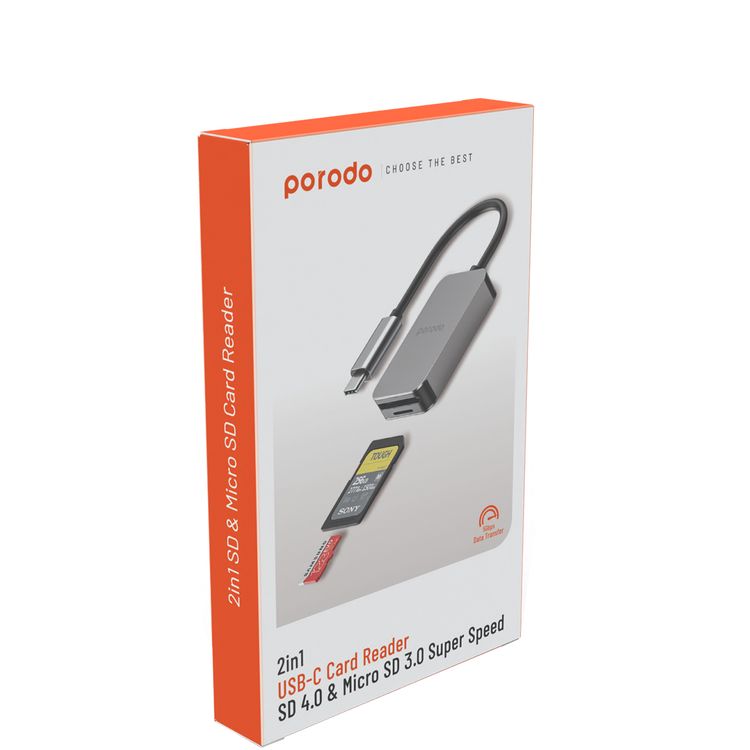 Porodo 2-in-1 USB-C Card Reader with Type-C Input, SD V4.0 & Micro SD V3.0 Super Speed Slots, 5 Gbps Data Transfer Speed, Super Lightweight and Portable - Gray 