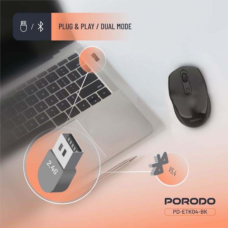 Porodo Dual Mode Wireless Mouse with Adjustable DPI Up to 1600, 7m to 10m Effective Range, 300mAh Battery Capacity, Bluetooth V5.4, Ergonomic Design, Plug & Play - Black