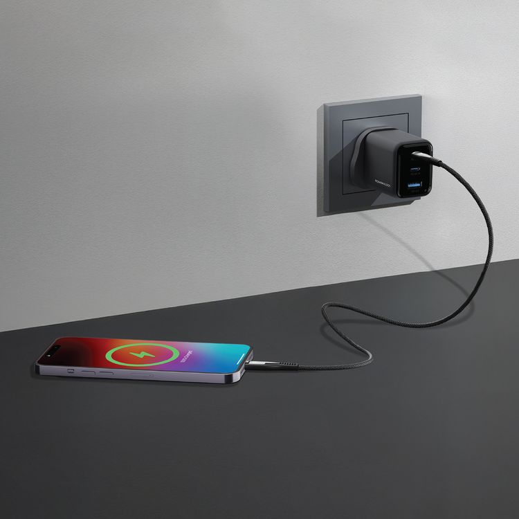 Powerology Volt-X 67W Multi-Port GaN Wall Charger with Advanced Safety Features, USB-A & Dual USB-C Ports, Compact Travel Size, Wide Compatibility, Fast Charging Speed, GaN Technology - Black