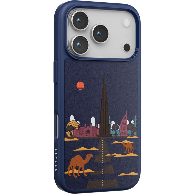 Levelo Vallo PU Leather Case for iPhone 17 Pro with Embroidery Dubai Finish, Comfortable Hold, Durable PU Leather, Raised Bezels for Camera and Screen, True Microfiber Interior Lining, Scratch & Wear Resistant, Shock-Resistant Bumper - Cobalt Blue