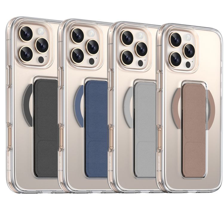 Green Lion MagSafe Leather Grip For iPhone 16 Pro, Crystal Clear, Foldable Stand, Dual-Sided Magnetic Snap, Military Grade Protection, Scratch Resistance - Gray