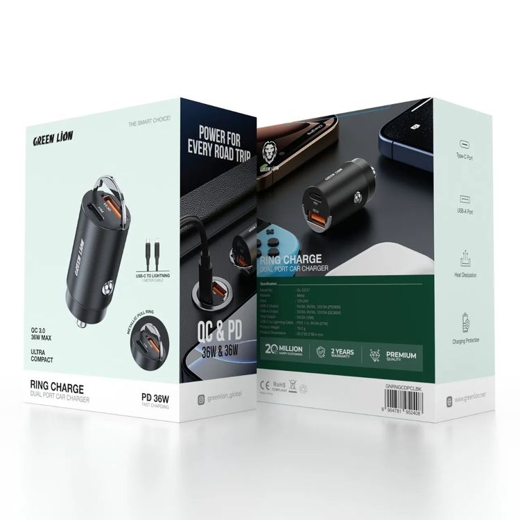 Green Lion Dual Port Car Charger with USB-C to Lightning Cable, Metallic Pull Ring, USB-A & USB-C Ports, Heat Dissipation, Charging Protection, Compact Design, 15W Total Output - Black