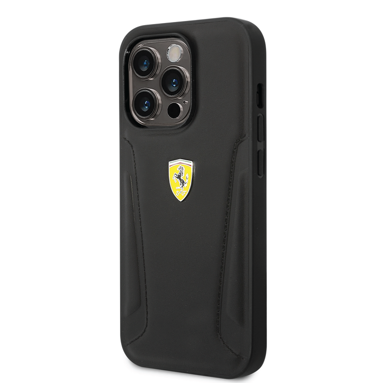 Ferrari Leather Case With Hot Stamped Sides & Yellow Shield Logo - iPhone 14 Pro Max - Black