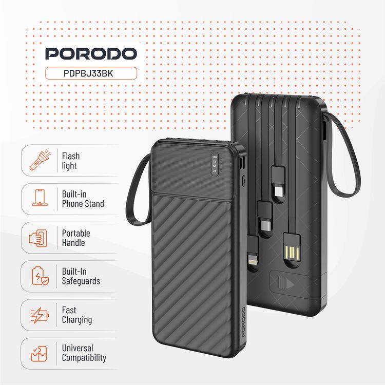 Porodo Piano 10000mAh Power Bank with Flashlight, Portable Handle, Phone Stand, 4 Integrated Cables, USB-A & USB-C & Micro Ports, Fast Charge Support, Universal Compatibility - Black