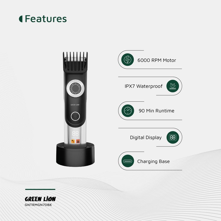 Green Lion Trim Gen"70 Body Hair Trimmer with 3 Speed Levels, LED Status Indicator, Corded & Cordless Use, Charging Base, 1.5 Hours Working Time, 6000RPM Motor - Black