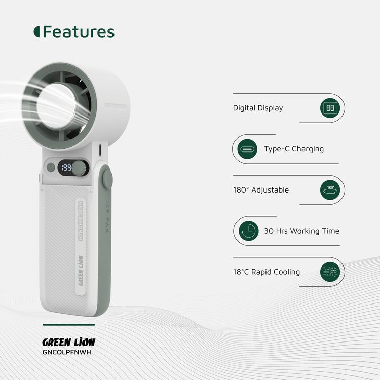 Green Lion Coolio Portable Fan with 1-199 Speed Levels, 6000mAh Battery Capacity, 5 Hours Charging Time, Type-C Charging Port, ABS + PC & Aluminum Alloy Material, 30 Hours Working Time, Silent Operation - White