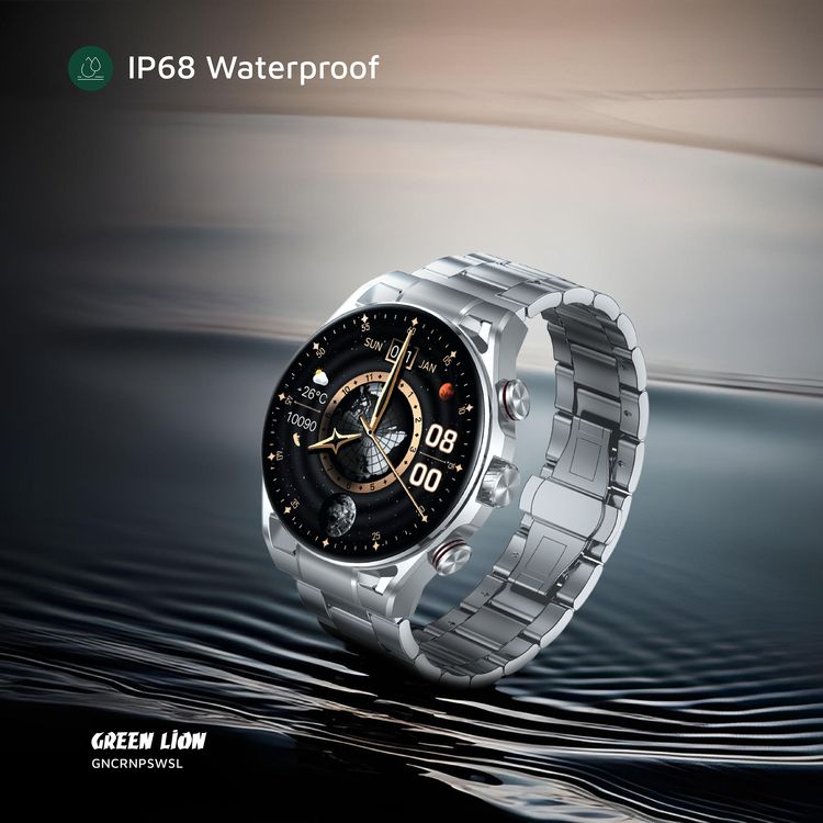 Green Lion Chrono Pro Smart Watch, Full-View Touch Display, Voice Recording, Call & Social Notifications, Rotary Encoder Button - Silver