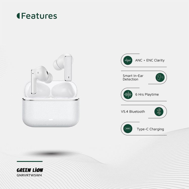Green Lion River True Wireless Earbuds with ANC + ENC Clarity, Up to 7 Hours of Playtime, Smart in-Ear Detection, Bluetooth Version 5.4, -42dB Noise Reduction, 35 Hours Standby Time - White