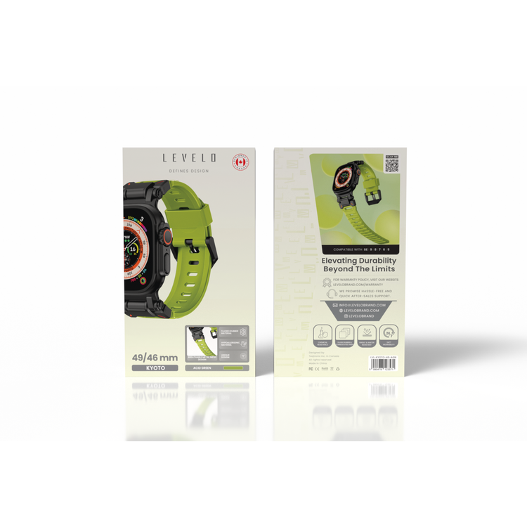 Levelo Kyoto Watch Strap, Apple Watch SE 9/8/7/6/5 (46/49mm), Fluoro Rubber & Stainless Steel Finish, Chemical Resistance, Hypoallergenic, 24/7 Wearability - Acid Green